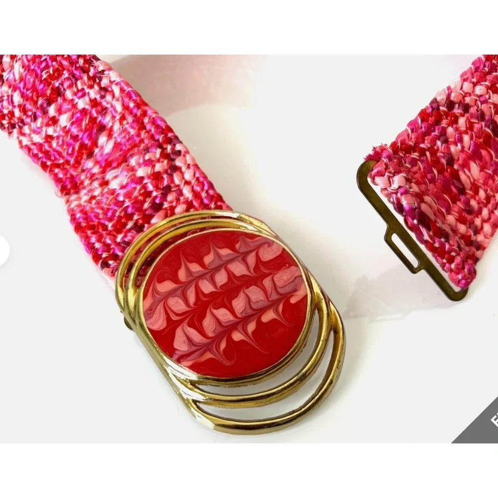 Vintage 80s Pink Woven Cinch Belt S Gold Overlap Circle Swirl Resin Buckle EUC
